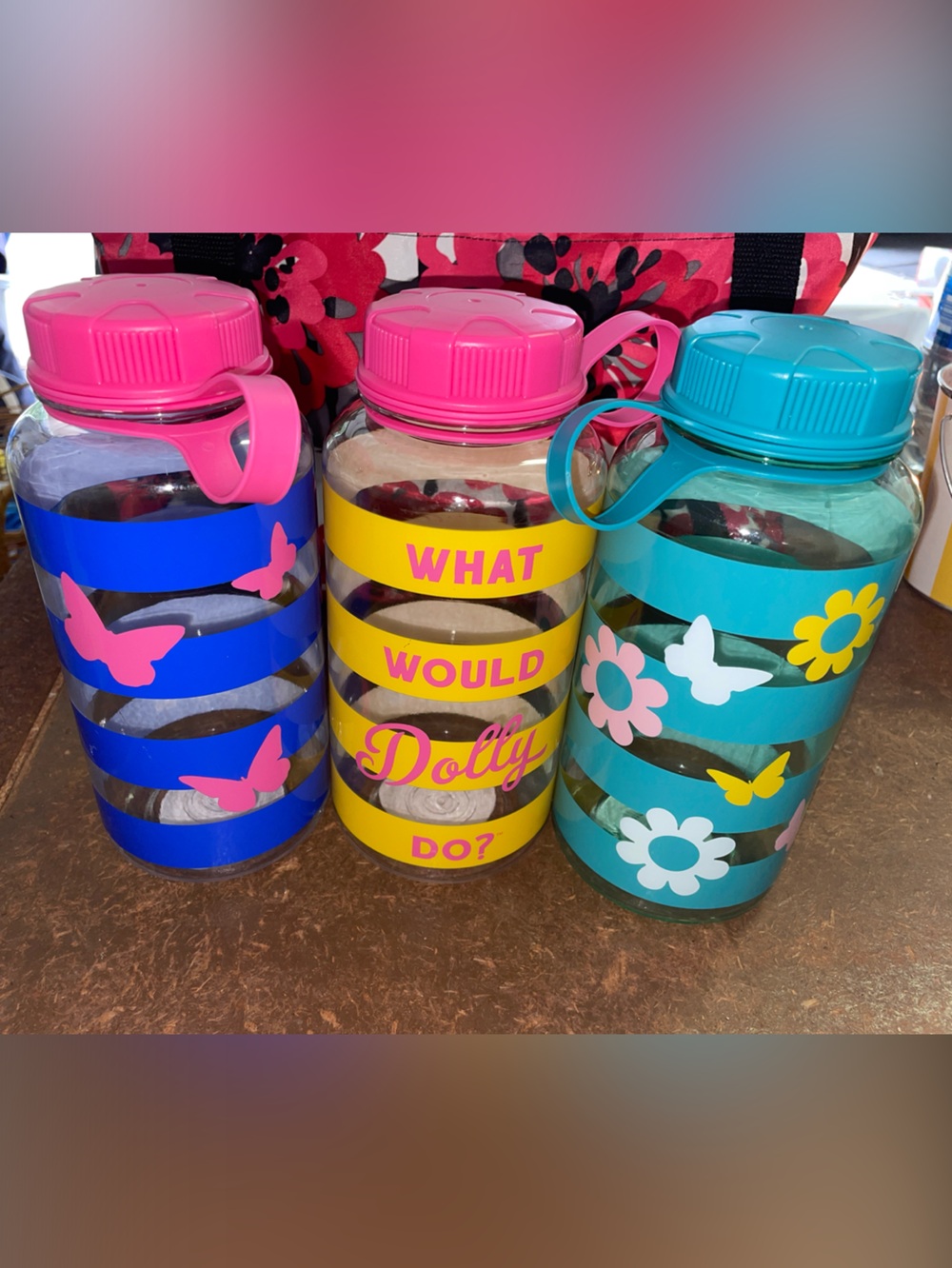 Dolly Parton Water Bottle Trio — Pink, Blue & Teal Floral & Butterfly Design